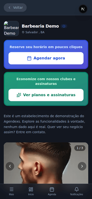 Página pública da Barbearia Demo no celular