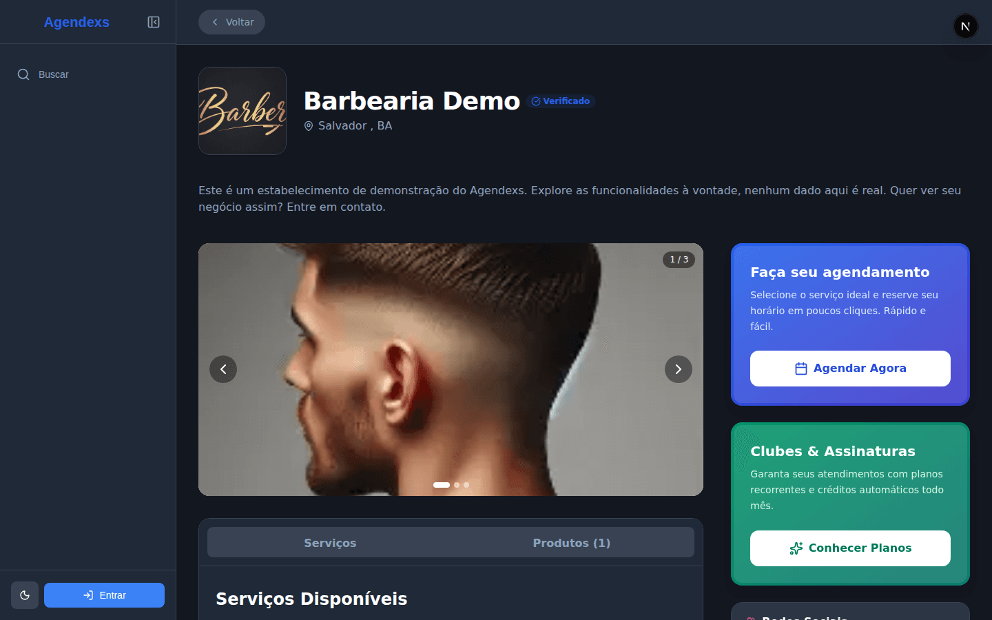 Página pública da Barbearia Demo no Agendexs